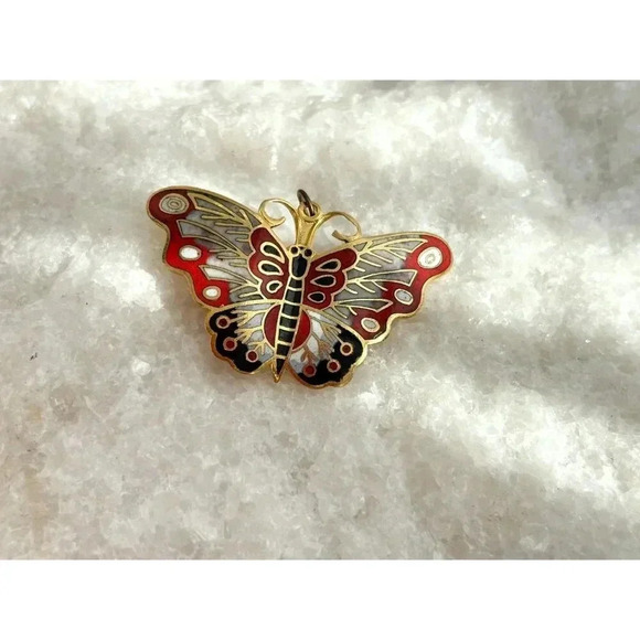 Gold & Red Toned Cloissone Butterfly Figural Vintage Brooch | Pendant Combo - Picture 8 of 10